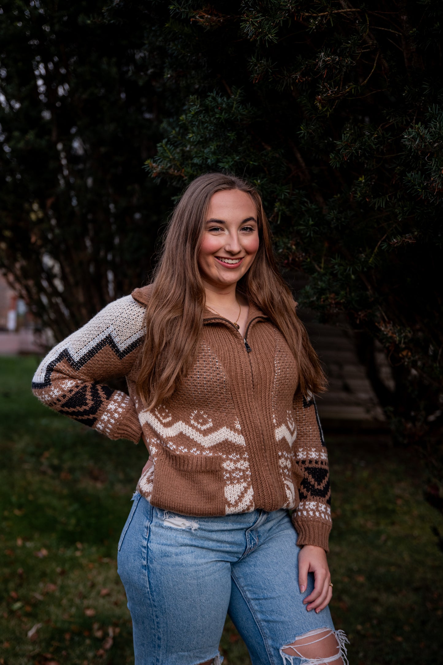 Aztec style zip up sweater for women