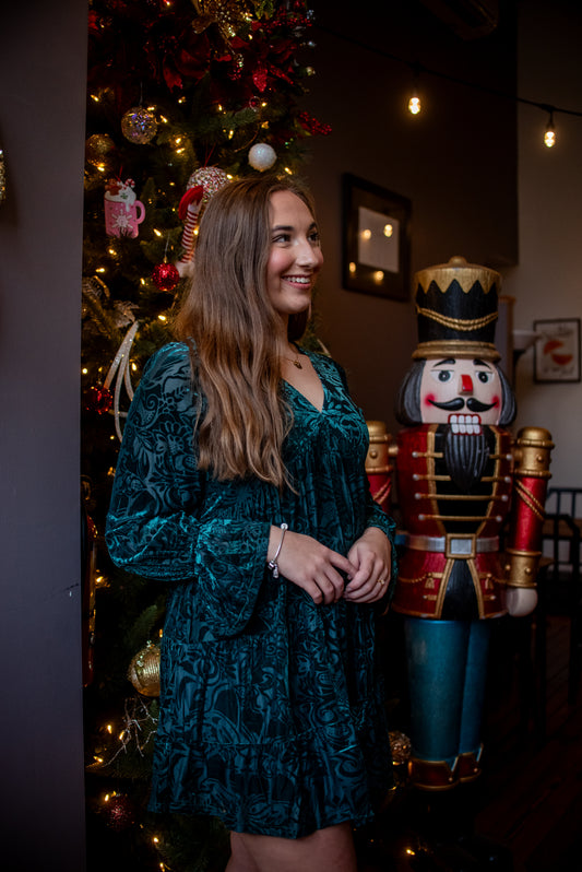 Jacquard Velvet Mini Dress in Green
